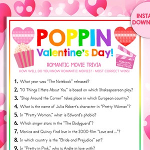 May include: A pink printable Valentine's Day trivia game with a popcorn bucket and a movie clapperboard. The game is titled "Poppin' Valentine's Day!" and asks questions about romantic movies. The text "Instant Download" is in the top right corner.
