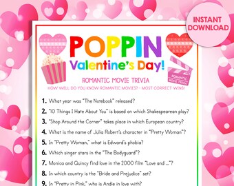 Valentines Day Game Movie Trivia Romantic Galentines Bridal Pop It Fun Party Poppin Push Bubble Adult Office Zoom Printable INSTANT DOWNLOAD
