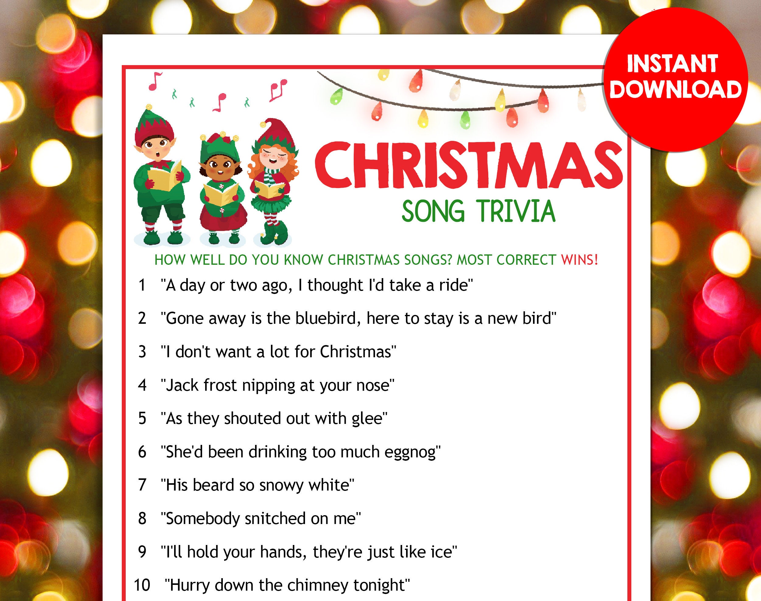 Christmas Song Trivia Games Fun Holiday Party Eve Day Carol Family Kids