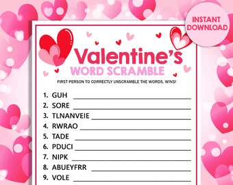 Valentine's Day Word Scramble Game Galentine's Fun Party Virtual Quiz Kid Adult Activity Family Puzzle Classroom Printable INSTANT DOWNLOAD