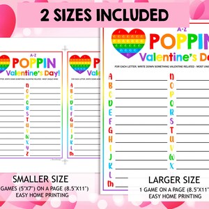 May include: Two printable Valentine's Day game sheets featuring a rainbow pop-it heart design. The game is called "Pop-it Valentine's Day!" and instructs players to write down something Valentine's Day related for each letter of the alphabet. The sheets are available in two sizes: 2 games on a page (5"x7") or 1 game on a page (8.5"x11").