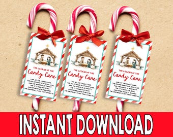 Tarjeta con poema "Leyenda del Bastón de Caramelo", Etiqueta de regalo cristiana para niños, Navidad religiosa, Etiquetas de regalo de la iglesia de la escuela dominical de Jesús, imprimibles de Navidad CR25R