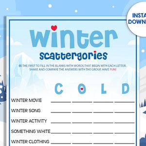 Winter Scattergories Game Fun Holiday Party Wintertime Family Kids Adult Quiz Activity Puzzle Office Classroom Printable INSTANT DOWNLOAD