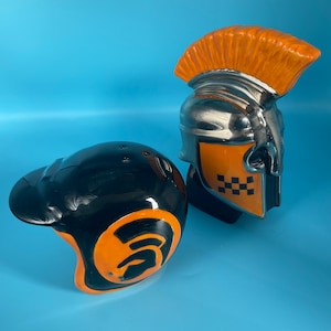 Trojan helmet salt and pepper set.Scooter crash helmet.Ska.Two tone gift set.