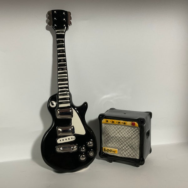 Guitar and amp salt and pepper set, Music gift, Novelty ceramic, Black 2 piece set