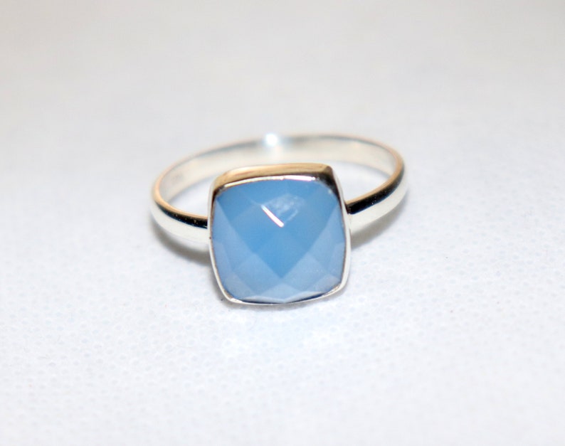 Stacking Ring Blue Chalcedony Ring Handmade Jewelry Love Gift To Her Ring Aqua Chalcedony Ring Aqua Square Cut Ring 925 Silver Ring