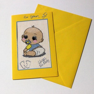 Gestickte Karte "Zur Geburt", Handarbeit