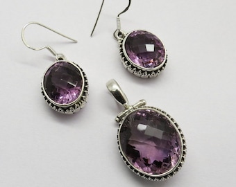 925 Sterling Silver Jewellery Penant Earring Set Natural Gemstone Amethyst Handmade Silver Jewelry