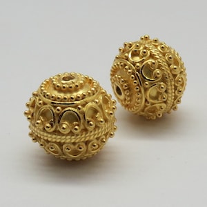 2 Pieces Bali Silver Beads 22K Gold Vermeil 925 Sterling Silver Beads Round 12.5mm Handmade Beads