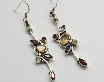 925 Sterling Silver Earrings Natural Gemstones Multi Color Stone Earrings 01 Pair