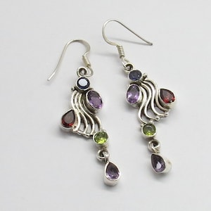 925 Sterling Silver Earrings Natural Gemstone Multi Stone Earrings 01 Pair Handmade