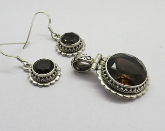 01 Pendant & 2 Earrings 925 Sterling Silver Jewellery Set Natural Gemstone Smoky Quartz Faceted Stone