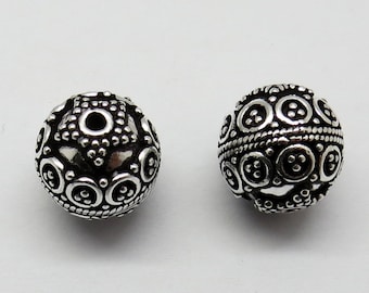 2 piezas de cuentas de plata de ley 925, cuentas de plata balinesas de 12 mm, redondas, hechas a mano.