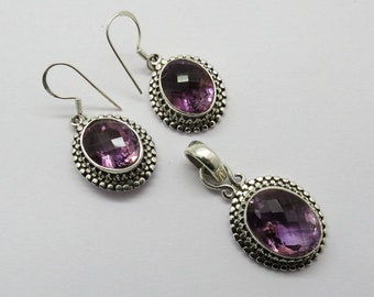 925 Sterling Silver Jewellery Pendant Earring Set Natural Gemstone Amethyst Handmade Silver Jewelry