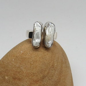 925 Sterling Silver Ring Natural Biwa Pearl Sticks Ring Size 9 Adjustable Handmade Ring