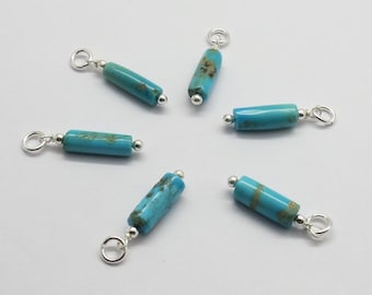 May include: Six turquoise blue gemstone charms with silver jump rings and silver beads. The charms are rectangular in shape.