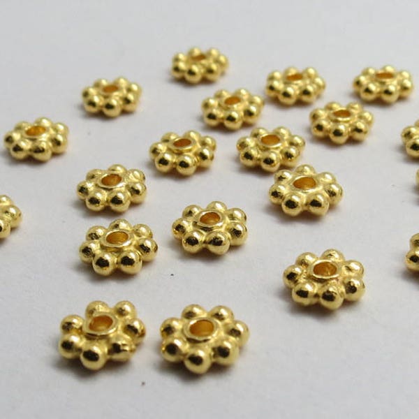 22K Gold Beads 925 Sterling Silver Daisy Spacer Bali Beads Vermeil Silver Beads 5mm Round 20, 100 Pieces