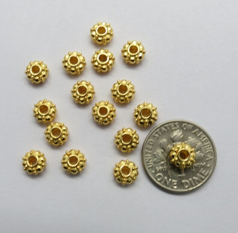 5 Perles Rondelles En Or Jaune 14K Massif 5.5mm - Style Milgrain Floral Bali, Fait Main, Neuf Sous Emballage