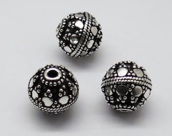 2 cuentas de plata de ley 925, cuentas de plata de Bali de 10 mm, redondas, hechas a mano.