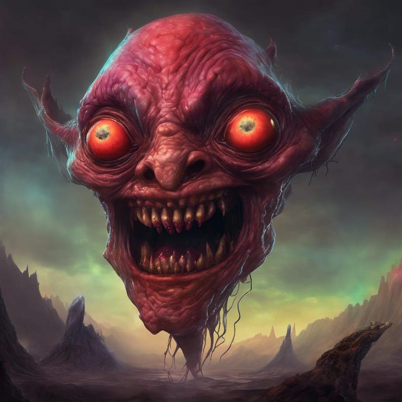 May include: A floating, grotesque, red-skinned creature with large, glowing red eyes and a wide, toothy grin. The creature is suspended in a dark, rocky landscape.
