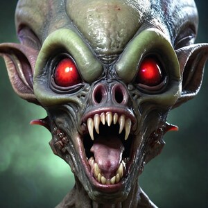 May include: A close-up of a green, grey, and red alien creature with large, sharp teeth and glowing red eyes. The creature has a wide open mouth and a long, pink tongue.