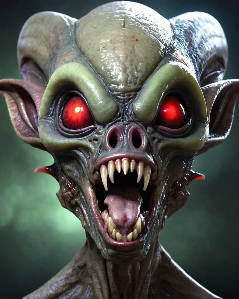 May include: A close-up of a green, grey, and red alien creature with large, sharp teeth and glowing red eyes. The creature has a wide open mouth and a long, pink tongue.