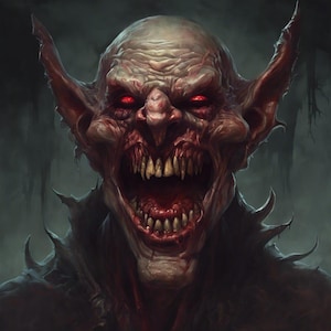 May include: A close-up of a monstrous creature with large ears, a wide open mouth, and glowing red eyes. The creature has sharp teeth and a grotesque appearance.