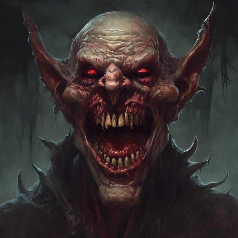 May include: A close-up of a monstrous creature with large ears, a wide open mouth, and glowing red eyes. The creature has sharp teeth and a grotesque appearance.