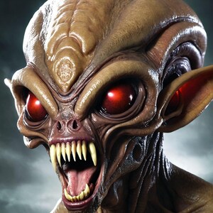 May include: A close-up of a monstrous alien creature with large, red eyes and sharp teeth. The creature has a pale, fleshy skin tone and a large, pointed head.
