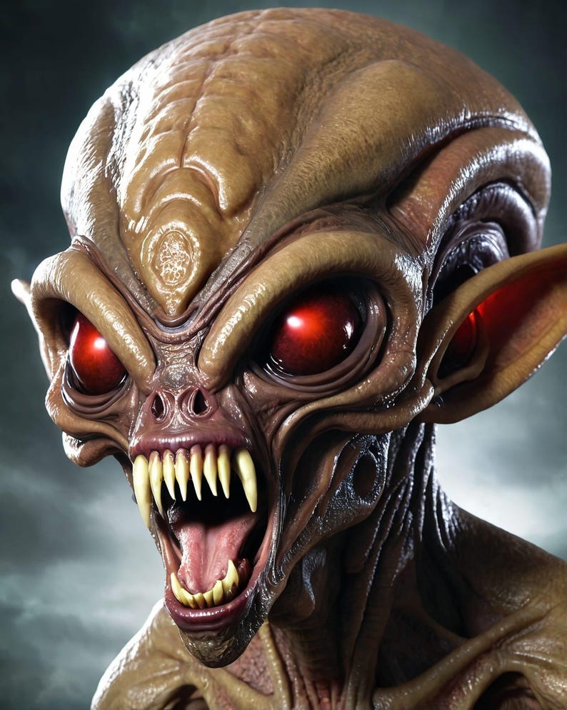 May include: A close-up of a monstrous alien creature with large, red eyes and sharp teeth. The creature has a pale, fleshy skin tone and a large, pointed head.