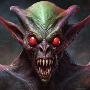 May include: A close-up of a monstrous creature with large, pointed ears, glowing red eyes, and sharp teeth. The creature has a green and purple skin tone and a menacing expression.