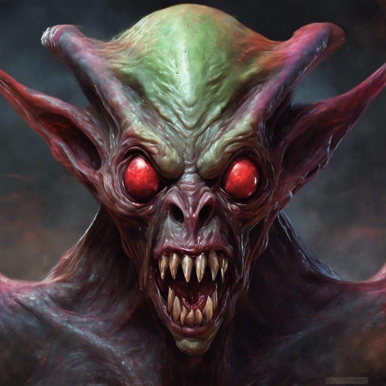 May include: A close-up of a monstrous creature with large, pointed ears, glowing red eyes, and sharp teeth. The creature has a green and purple skin tone and a menacing expression.