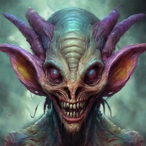 May include: A close-up of a fantasy creature with purple, pink, and green skin. It has large, pointed ears, a wide mouth with sharp teeth, and glowing red eyes.