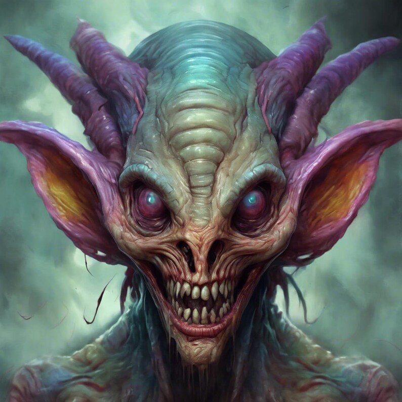 May include: A close-up of a fantasy creature with purple, pink, and green skin. It has large, pointed ears, a wide mouth with sharp teeth, and glowing red eyes.