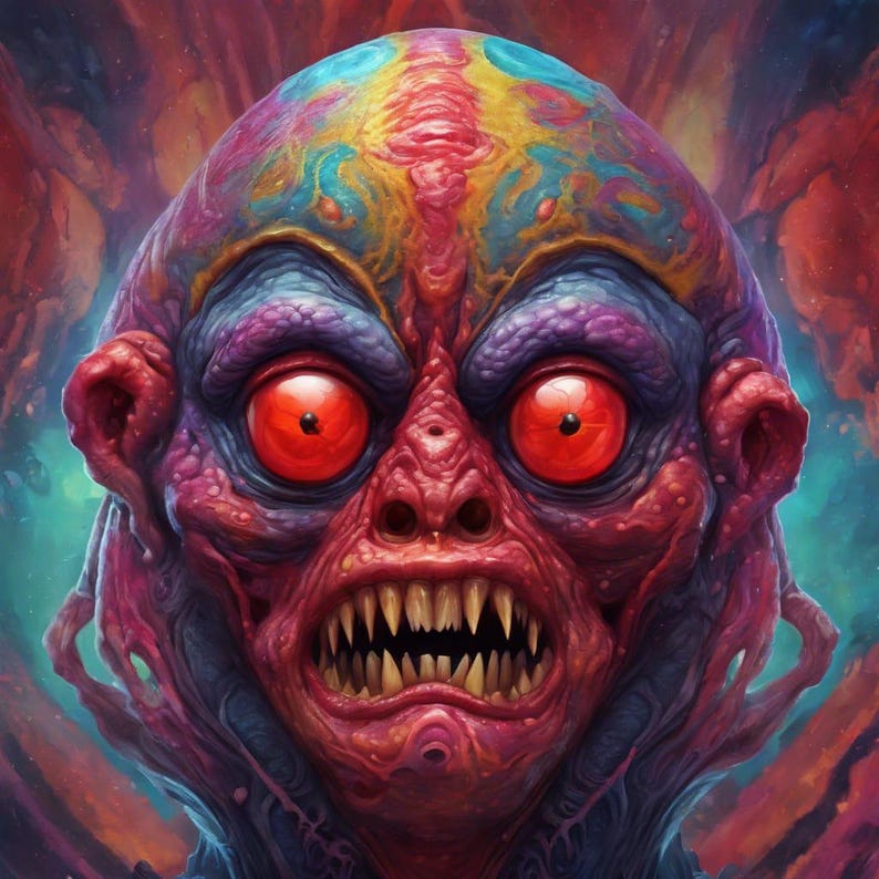 May include: A close-up of a grotesque, alien-like creature with large, red eyes, sharp teeth, and a colorful, textured skin. The creature's expression is menacing and its features are exaggerated.