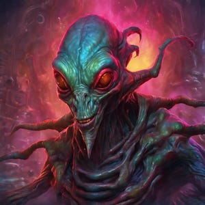 May include: A close-up of a green and blue alien with red eyes and a toothy grin. The alien has a long, thin neck and a pointed head. The background is a blurry red and purple.