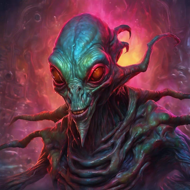 May include: A close-up of a green and blue alien with red eyes and a toothy grin. The alien has a long, thin neck and a pointed head. The background is a blurry red and purple.