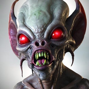 May include: A close-up of a creature with large, pointed ears, red eyes, and sharp teeth. The creature has a pale, gray-green skin tone and a menacing expression.