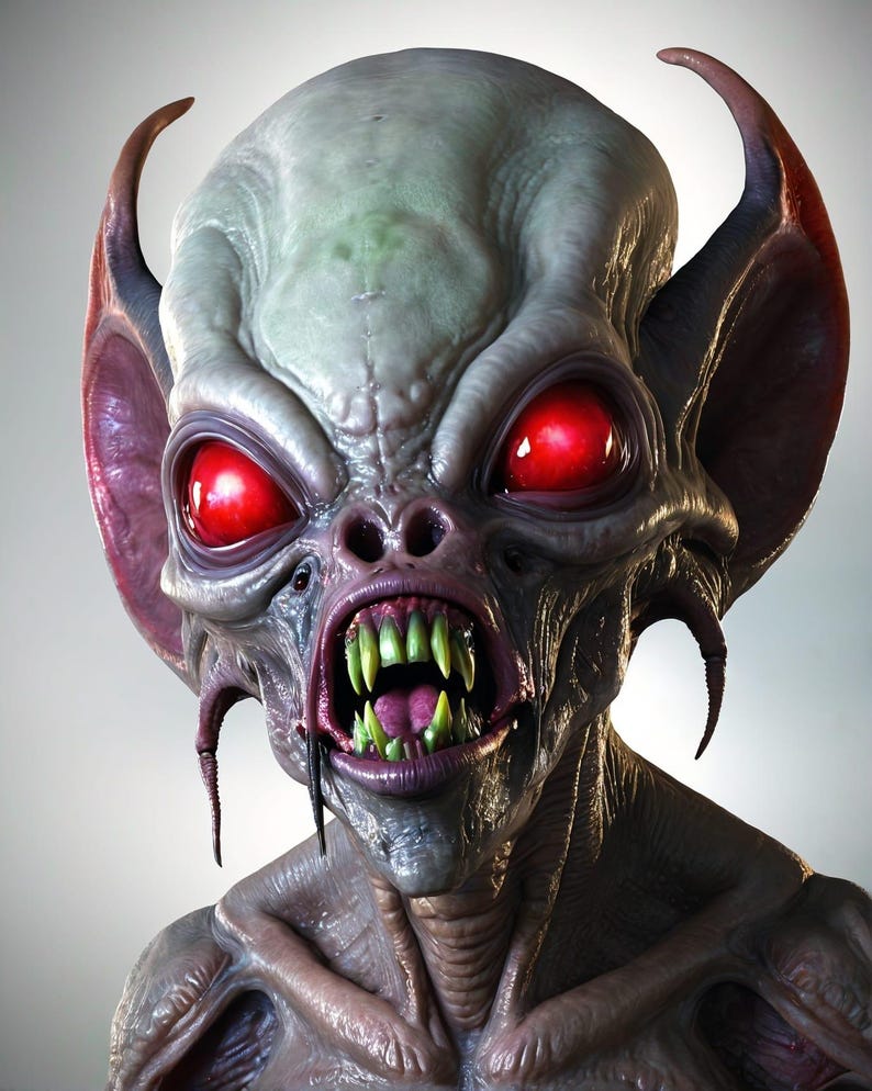 May include: A close-up of a creature with large, pointed ears, red eyes, and sharp teeth. The creature has a pale, gray-green skin tone and a menacing expression.