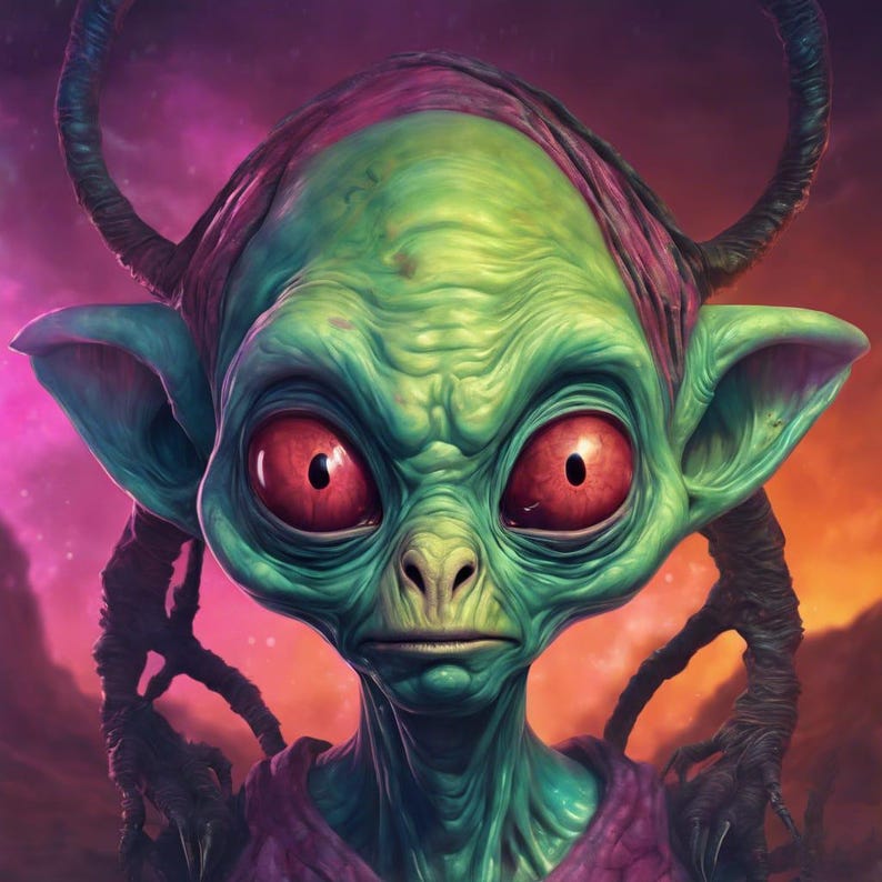 May include: A close-up portrait of a green alien with large red eyes and a purple headband. The alien has a serious expression and is surrounded by a dark, swirling background.