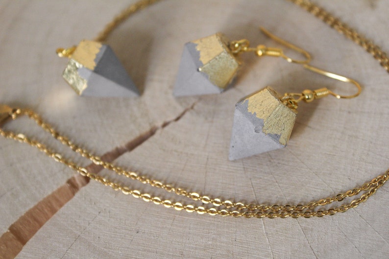 Jewellery set with concrete diamond chain pendant and earrings Dipped Top rose gold gold silver
