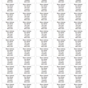 May include: A sheet of white address labels with a black border and the text "Return Address" printed in black. The labels are arranged in a grid of 10 rows and 5 columns. Each label has the following information: "Your Street", "The Town", "Yourshire", and "AB12 3CD".