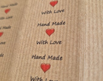 Hand Made With Love Labels - Brown - Pre Printed 65 Per Sheet (38.1 x 21.2mm)