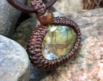 Labradorite macrame pendant necklace, super-soft adjustable deer hide from 14” to 24”