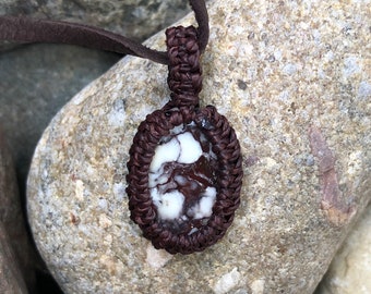 Wild horse Magnesite (Howlite) macrame pendant with super soft deerskin adjustable necklace, 14” to 24”