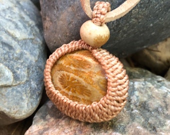 Fossil coral macrame pendant with suede necklace, adjustable from 14” to 24”