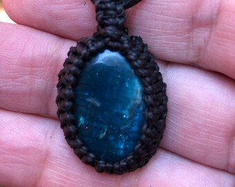 Neon blue apatite pendant with deerskin leather necklace adjustable from 14” to 24”