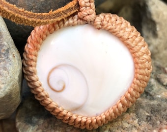 Shiva eye shell macrame pendant with suede necklace, adjustable from 14” to 24”