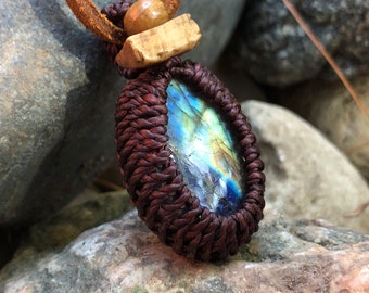 Labradorite macrame pendant necklace, super-soft adjustable deer hide from 14” to 24”