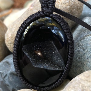 Black Onyx druzy pendant with deerskin necklace adjusts from 14” to 24”